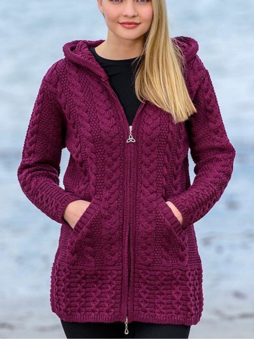 Aran Sweater Market Women's Full Zip Cable Knit Merlot Hooded Coatigan Medium